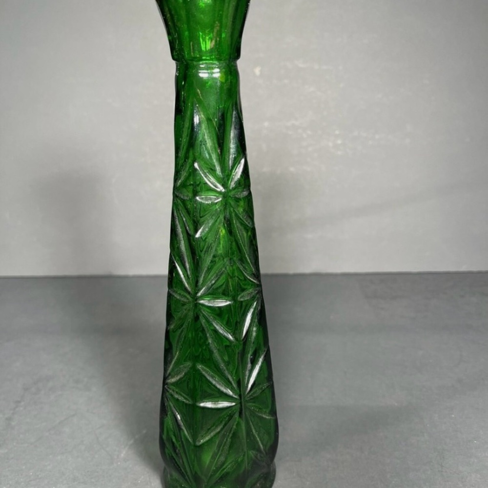 Green Glass Vase with Starburst Design